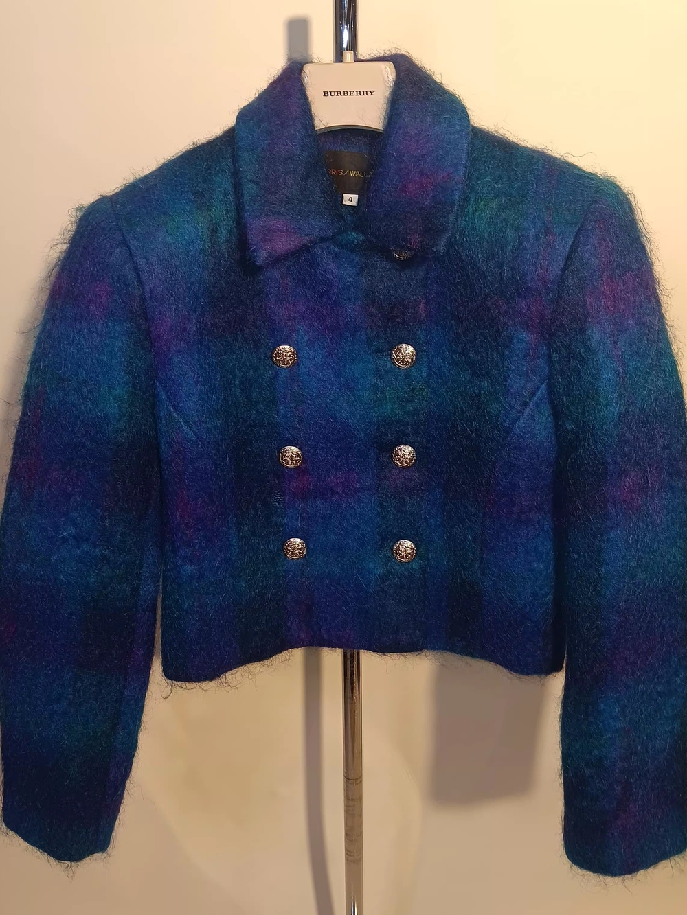 Harris Wallace Blue-Green Plaid Cropped Mohair Wool Double-Breasted Jacket